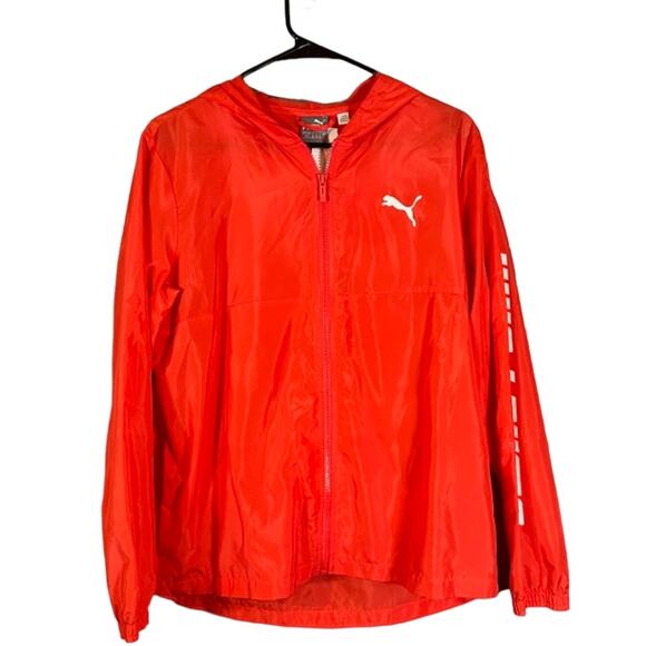 Puma Orange Full Zip Logo Sleeve Hooded Lightweight Jacket Women Sz M - Picture 1 of 10